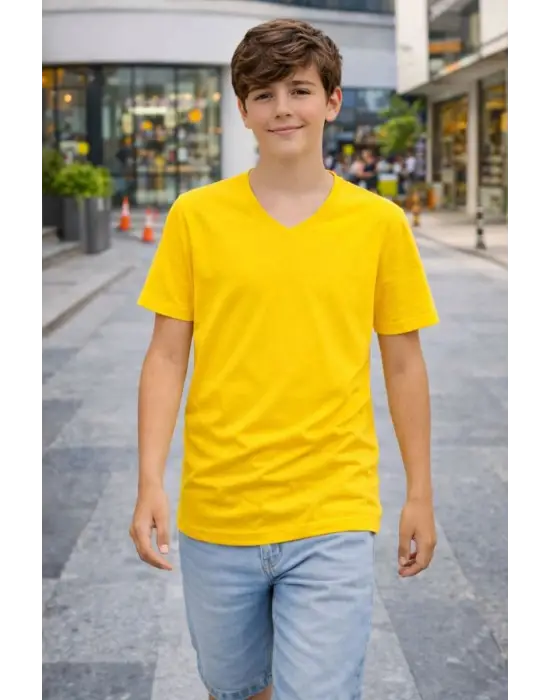 iegiyim™ Genç Erkek Çocuk V Yaka Tişört Model - Sarı