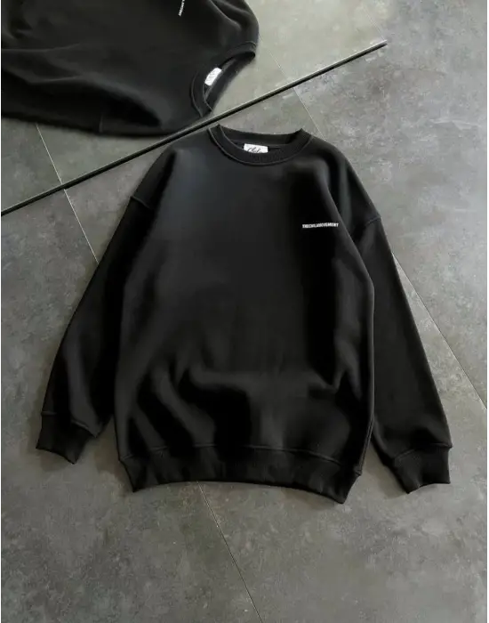 iegiyim™ Kadın 3 iplik Kışlık pamuklu Bisiklet Yaka Oversize Baskılı SweatShirt - Siyah