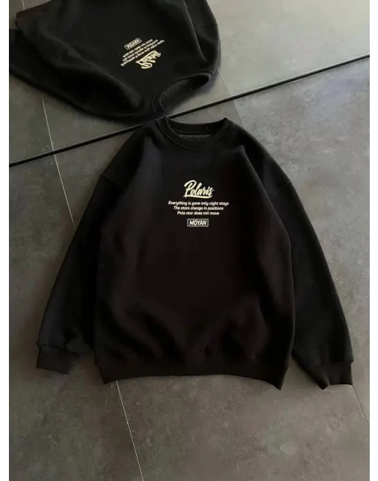 iegiyim™ Kadın 3 iplik Pamuklu Bisiklet Yaka Baskılı SweatShirt - Siyah