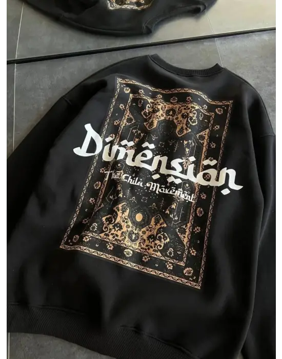 iegiyim™ Kadın 3 İplik Pamuklu Bisiklet Yaka Baskılı SweatShirt - Siyah