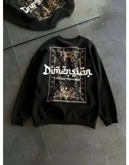 iegiyim™ Kadın 3 İplik Pamuklu Bisiklet Yaka Baskılı SweatShirt - Siyah