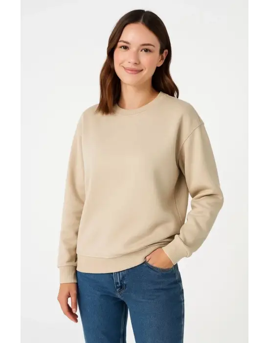 iegiyim™ Kadın 3 İplik Pamuklu Düz Bisiklet Yaka SweatShirt - Bej
