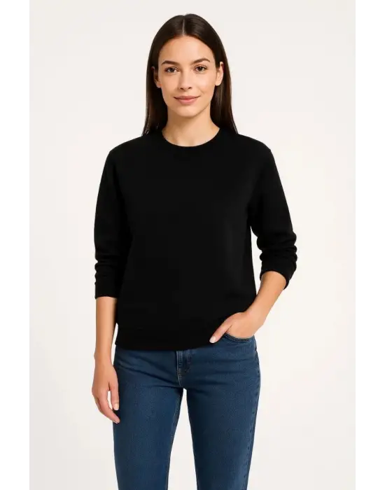 iegiyim™ Kadın 3 İplik Pamuklu Düz Bisiklet Yaka SweatShirt - Siyah