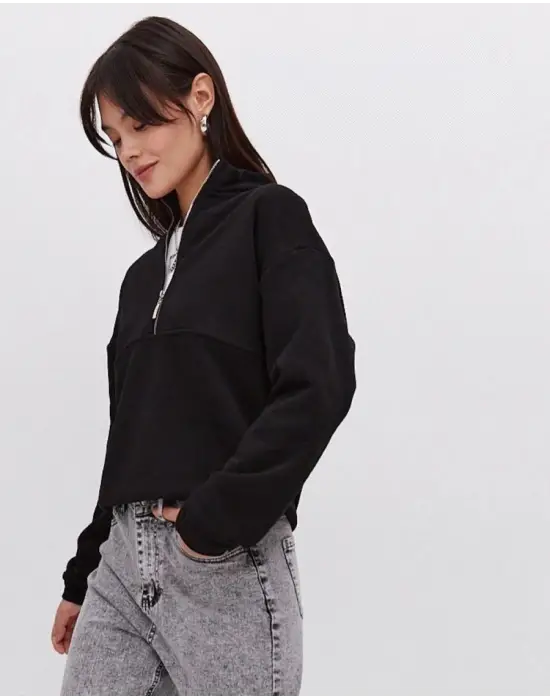 iegiyim™ Kadın 3 İplik Pamuklu Oversize Yarım Fermuarlı Yakalı Basic Sweatshirt - Siyah
