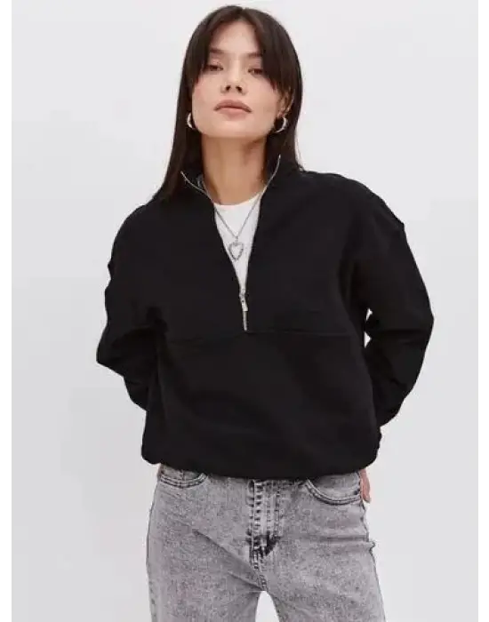 iegiyim™ Kadın 3 İplik Pamuklu Oversize Yarım Fermuarlı Yakalı Basic Sweatshirt - Siyah