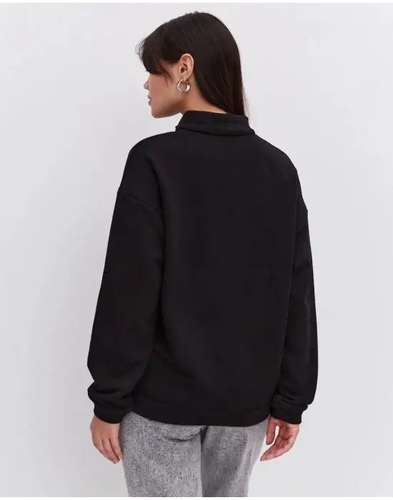 iegiyim™ Kadın 3 İplik Pamuklu Oversize Yarım Fermuarlı Yakalı Basic Sweatshirt - Siyah
