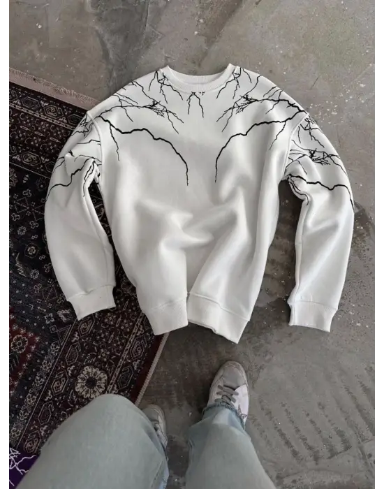 iegiyim™ Kadın 3 iplik pamuklu Yıldırım Baskılı Bisiklet Yaka SweatShirt - Beyaz
