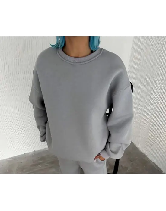 iegiyim™ Kadın Bisiklet Yaka 3 İplik Pamuklu Basic SweatShirt - Gri