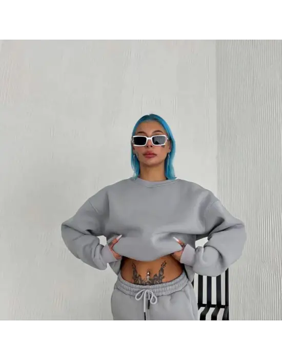 iegiyim™ Kadın Bisiklet Yaka 3 İplik Pamuklu Basic SweatShirt - Gri