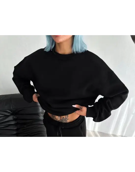 iegiyim™ Kadın Bisiklet Yaka 3 İplik Pamuklu Basic SweatShirt - Siyah