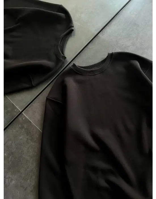 iegiyim™ Kadın Bisiklet Yaka 3 İplik Pamuklu Basic SweatShirt - Siyah