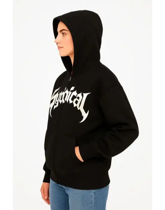 iegiyim™ Kadın Kapüşonlu 3 İplik Şardonlu Önü Baskılı Fermuarlı Oversize Sweatshirt - Siyah
