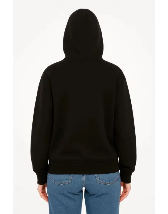 iegiyim™ Kadın Kapüşonlu 3 İplik Şardonlu Önü Baskılı Fermuarlı Oversize Sweatshirt - Siyah