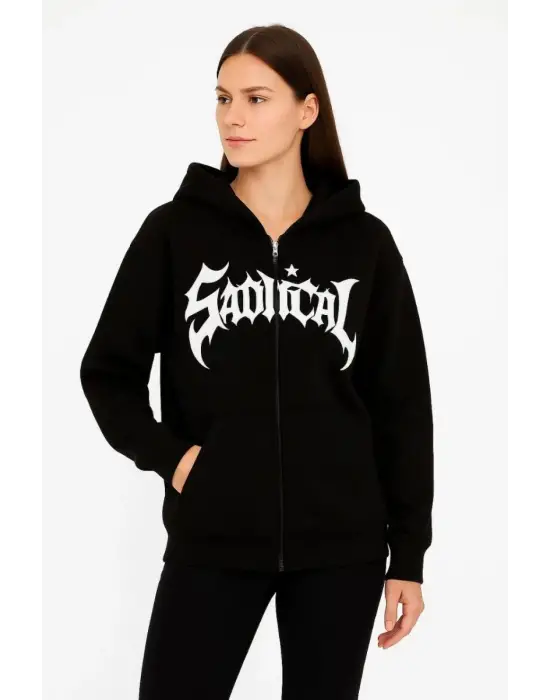 iegiyim™ Kadın Kapüşonlu 3 İplik Şardonlu Önü Baskılı Fermuarlı Oversize Sweatshirt - Siyah