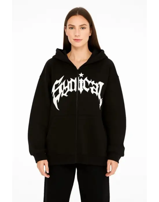 iegiyim™ Kadın Kapüşonlu 3 İplik Şardonlu Önü Baskılı Fermuarlı Oversize Sweatshirt - Siyah