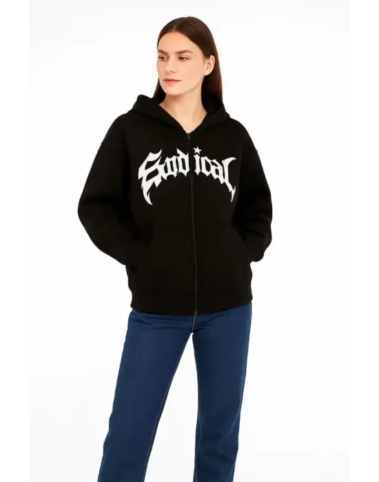 iegiyim™ Kadın Kapüşonlu 3 İplik Şardonlu Önü Baskılı Fermuarlı Oversize Sweatshirt - Siyah