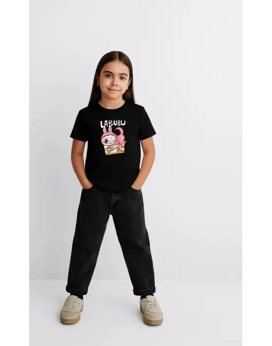 iegiyim™ Kız Labubu Çocuk Baskılı T-Shirt - Siyah