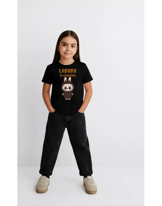 iegiyim™ Kız Labubu Çocuk Baskılı T-Shirt - Siyah