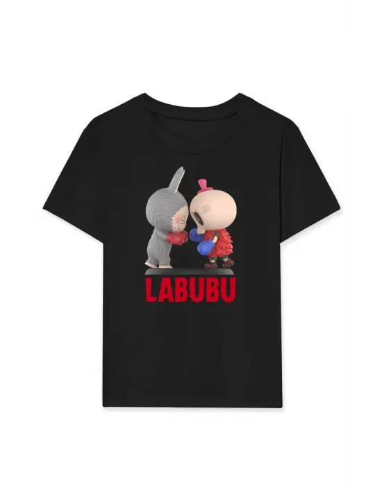 iegiyim™ Kız Labubu Çocuk Baskılı T-Shirt - Siyah
