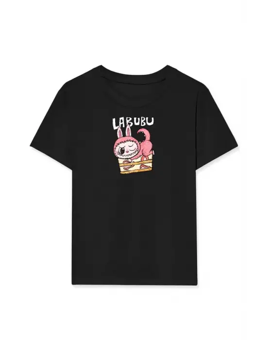 iegiyim™ Kız Labubu Çocuk Baskılı T-Shirt - Siyah