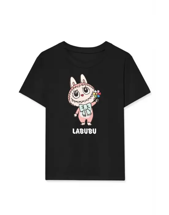 iegiyim™ Kız Labubu Çocuk Baskılı T-Shirt - Siyah