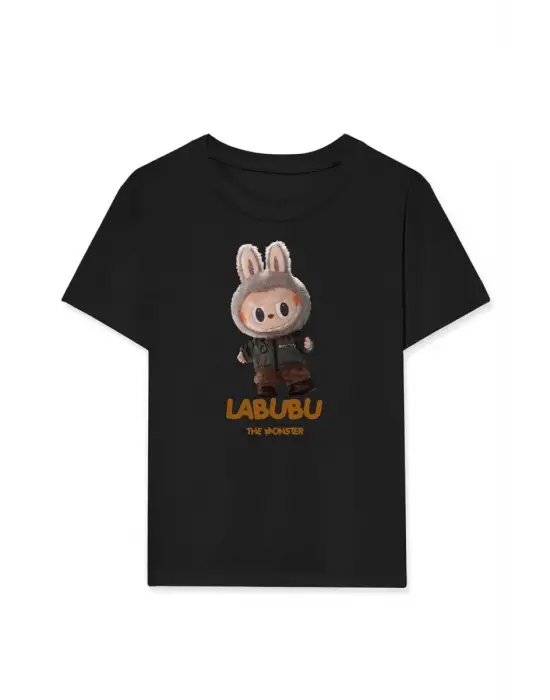 iegiyim™ Kız Labubu Çocuk Baskılı T-Shirt - Siyah