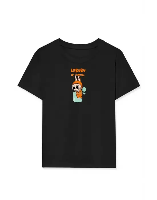 iegiyim™ Kız Labubu Çocuk Baskılı T-Shirt - Siyah