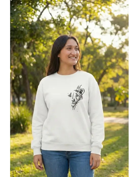 iegiyim™ Sevgililer Günü Özel Bisiklet Yaka Baskılı Oversize Sweatshirt - Beyaz