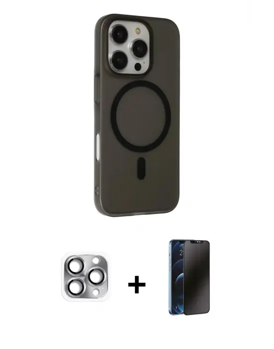 iPhone 16 Pro Max Kılıf Çekirdek Modern Prime - Siyah 3D Antistatik Hayalet Cam Ekran Koruyucu + Pers Alüminyum Kamera Lens - GI