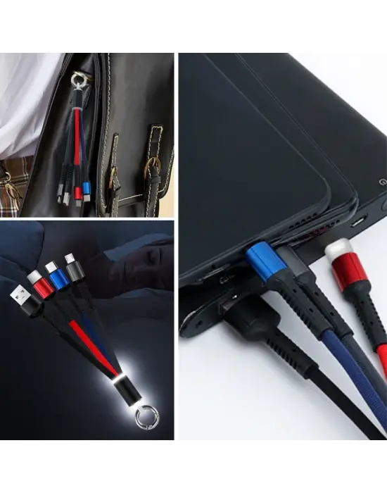 Işıklı Anahtarlık Model 3 in 1 USB Çıkışlı MİKRO,TYPE-C ve İphone Uyumlu Şarj Kablosu