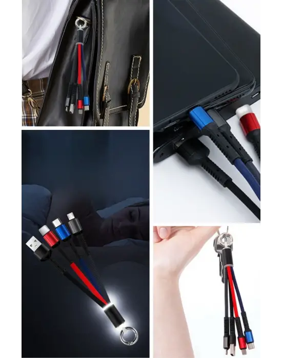 Işıklı Anahtarlık Model 3 in 1 USB Çıkışlı MİKRO,TYPE-C ve İphone Uyumlu Şarj Kablosu