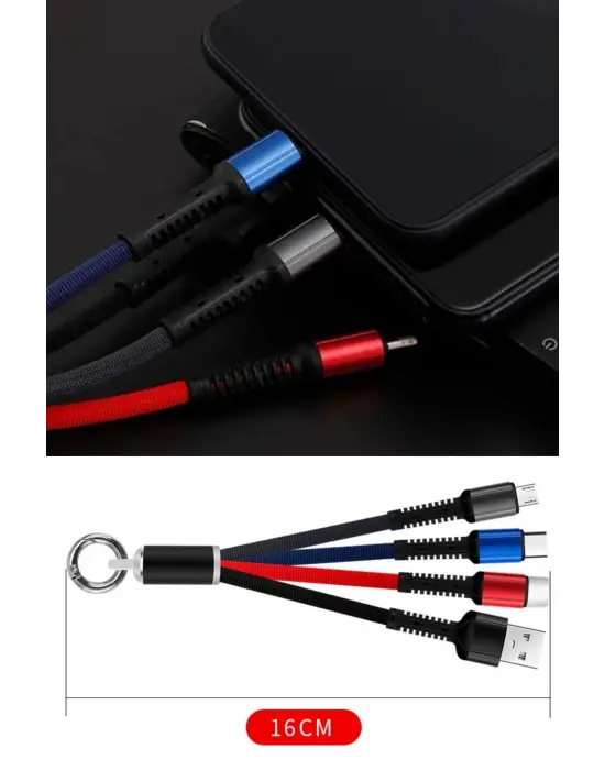 Işıklı Anahtarlık Model 3 in 1 USB Çıkışlı MİKRO,TYPE-C ve İphone Uyumlu Şarj Kablosu