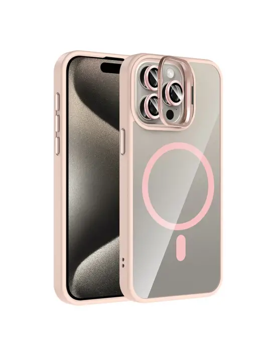 Joko Apple İphone 15 Pro Max Remim Lensli Magsafe Standlı Kapak - Pembe