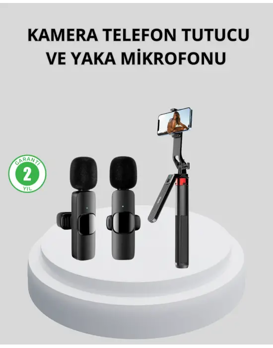 Kablosuz Çift Yaka Mikrofonu Ve Tripodlu Selfie Çubuğu İçerik Üretici Seti