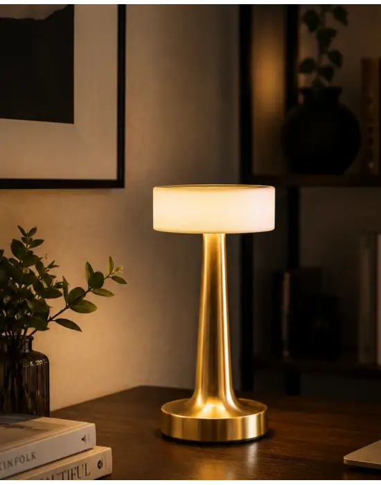 Kablosuz Mantar Masa Lambası Gold Kare Tasarım Type C Şarjlı