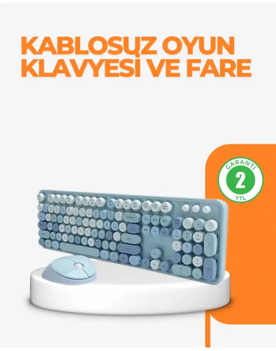 Kablosuz Retro Klavye Ve Mouse Seti – 104 Tuşlu Sevimli Tasarım