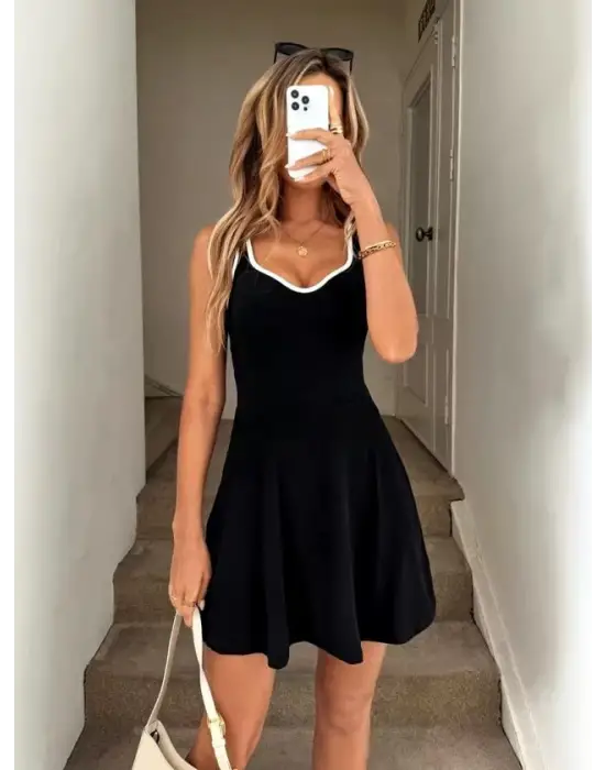 Kadın Askılı Kalp Yakalı şerit Detaylı Dalgıç Kısa Elbise