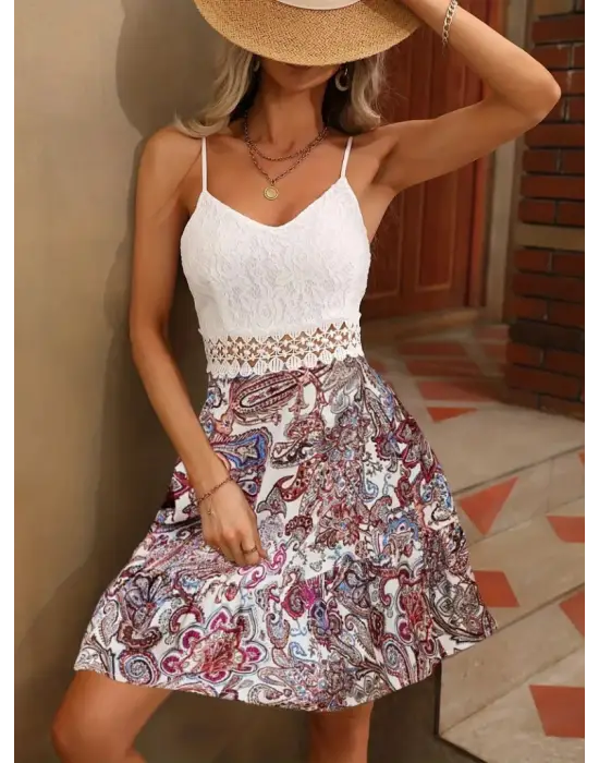 Kadın Askılı V Yakalı üst Dantel Alt Süprem Mini Elbise