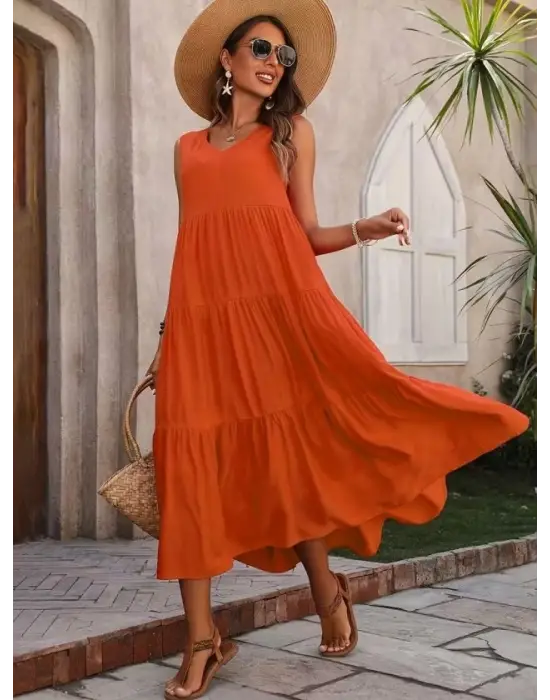 Kadın Askılı V Yakalı Uzun Dokuma Viskon Elbise