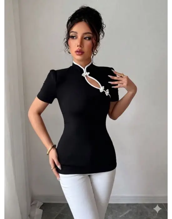 Kadın Beyaz şerit Detaylı Dar Kesim Dik Yaka Bluz