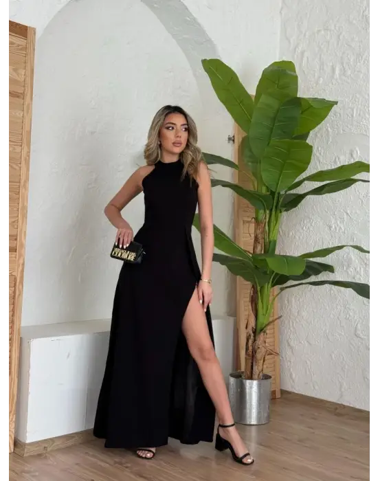 Kadın Halter Yaka Derin Yırtmaç Detaylı Tam Boy Ithal Krep Abiye Elbise