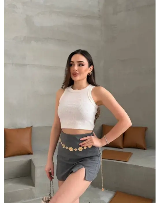 Kadın Halter Yaka Fitilli Esnek Crop Atlet
