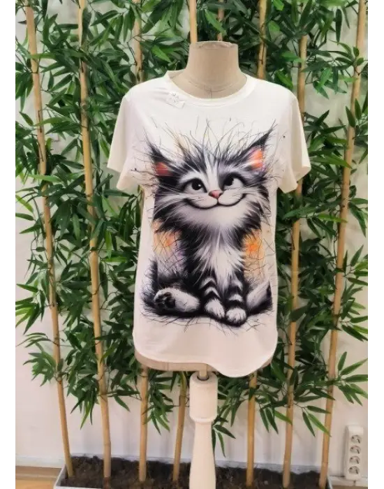 Kadın Kısa Kollu Bisiklet Yaka Kedi Baskılı Süprem Bluz
