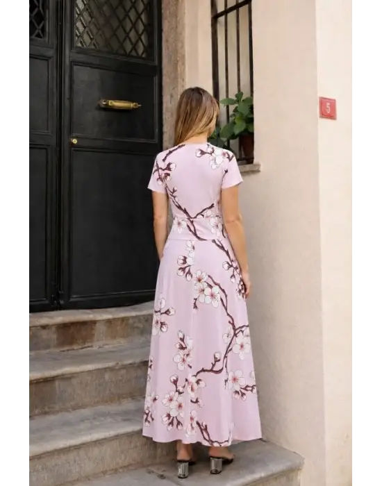 Kadın Kısa Kollu Bisiklet Yaka Puantiyeli Maksi örme Krep Elbise