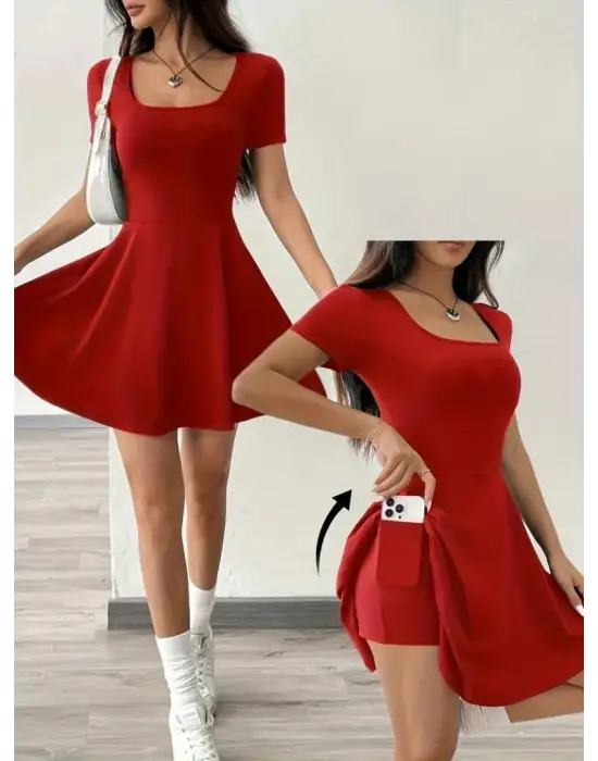 Kadın Kısa Kollu Kare Yaka Short Detaylı Cepli Dalgıç Elbise