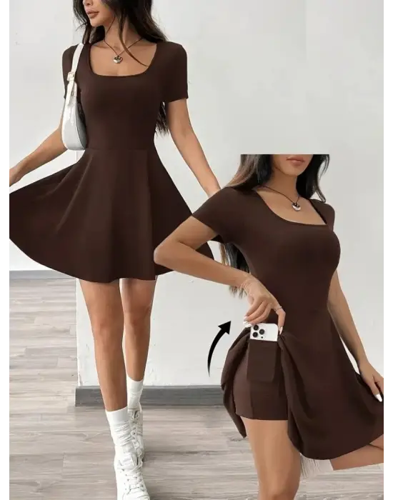 Kadın Kısa Kollu Kare Yaka Short Detaylı Cepli Dalgıç Elbise