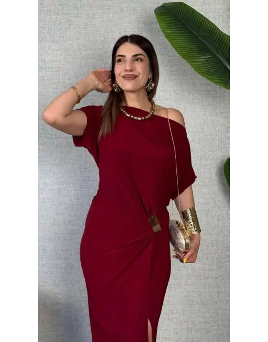 Kadın Kısa Kollu Tek Omuzdan Açık Beli Lastikli Sandy Maxi Elbise