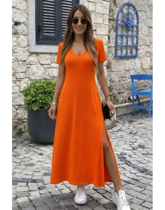 Kadın Kısa Kollu V Yakalı Maksi Boy Viskon Elbise
