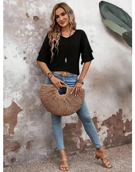 Kadın Kısa Kollu V Yakalı Viskon Bluz