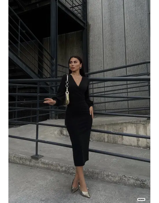Kadın Kruvaze Yaka Balon Kol Simli Krep Kumaş Midi Boy Elbise